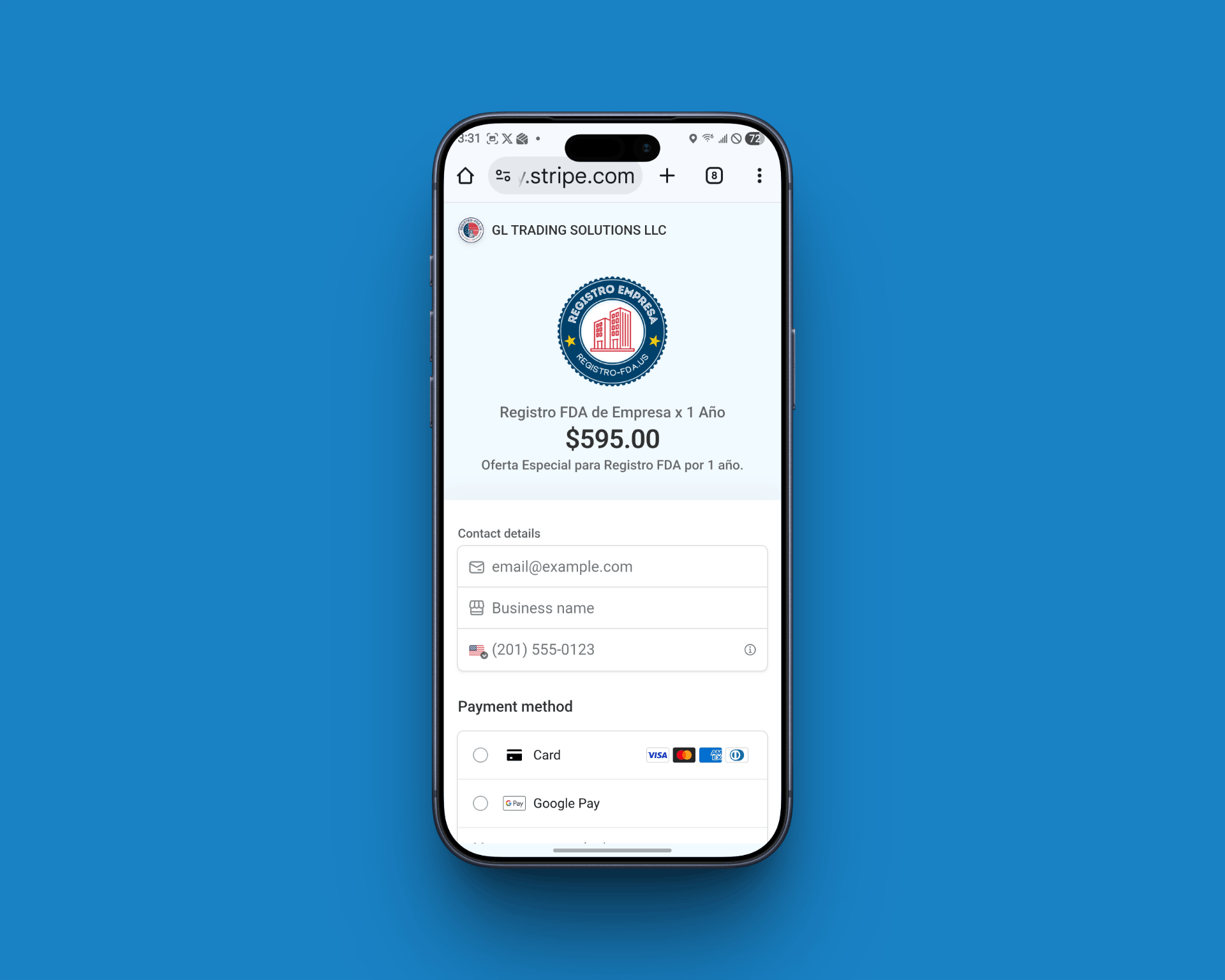 Pago Registro FDA Seguro por Stripe