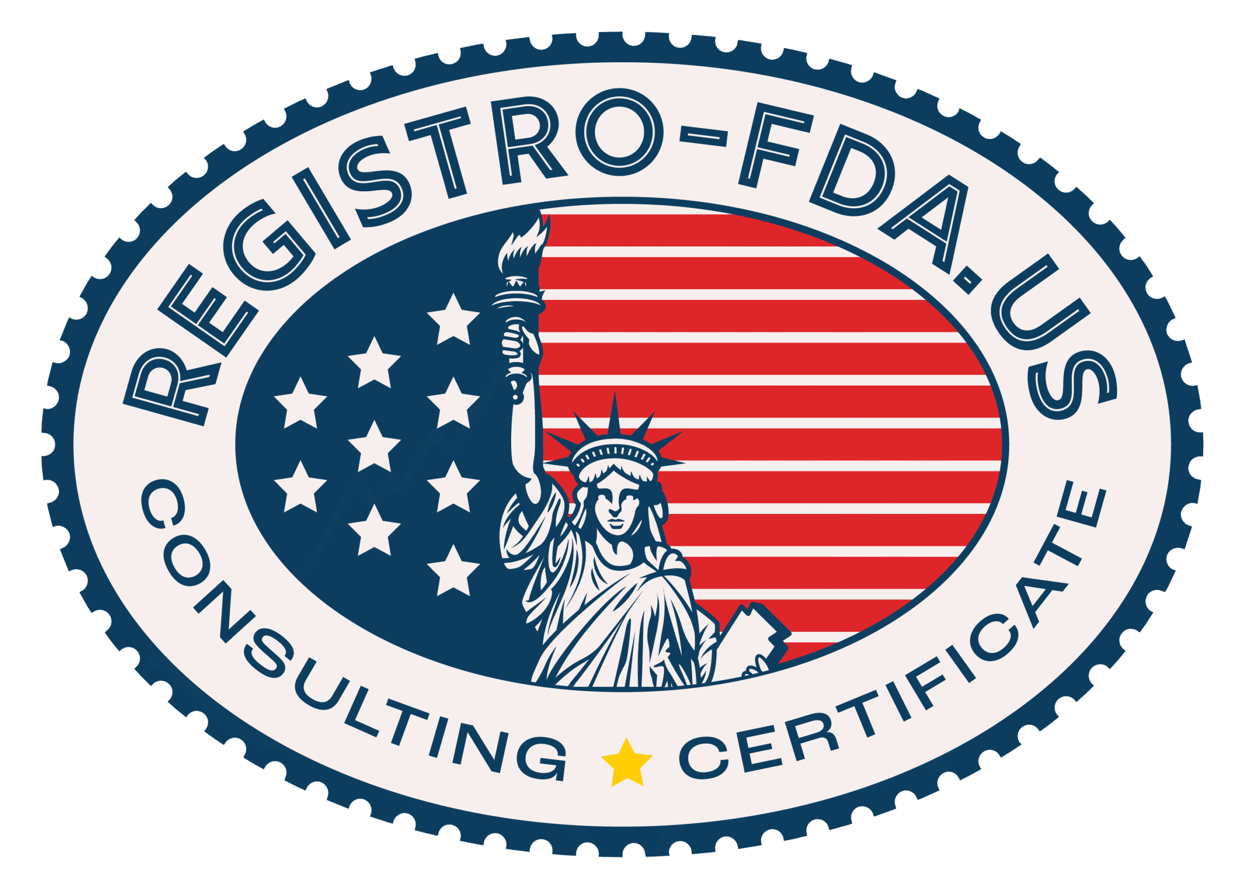REGISTRO-FDA.US seal logo — FDA registration, U.S. Agent & MoCRA compliance (USA flag, Statue of Liberty)