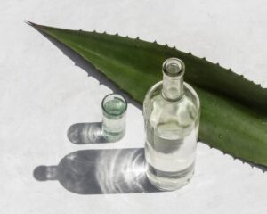 Botella de mezcal junto a vaso y hoja