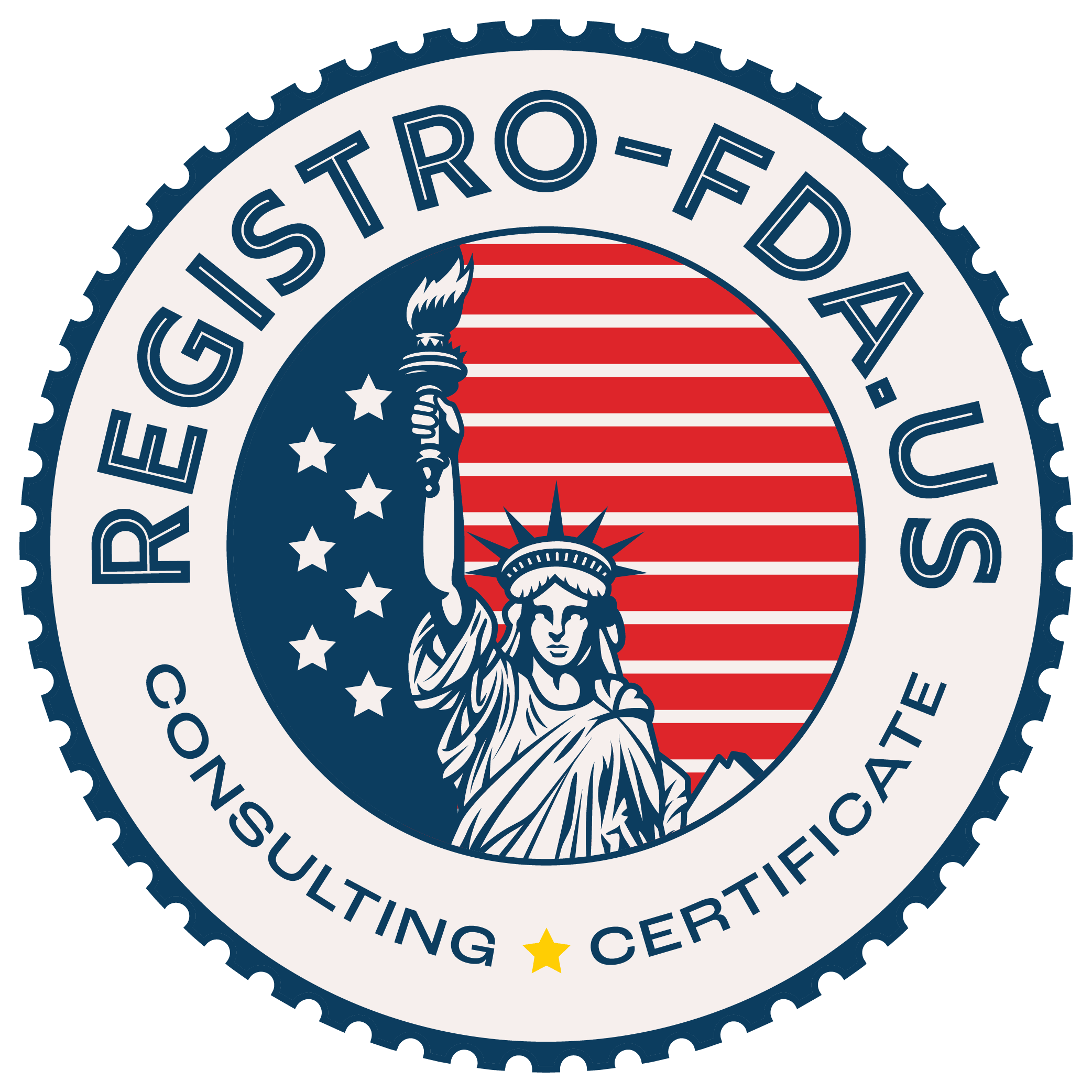 REGISTRO-FDA.US round seal logo — FDA registration, U.S. Agent & MoCRA compliance (USA flag, Statue of Liberty)