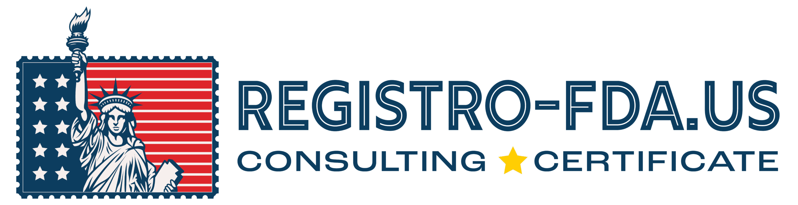 REGISTRO-FDA.US horizontal logo — USA stamp icon + wordmark for FDA registration, U.S. Agent & MoCRA compliance