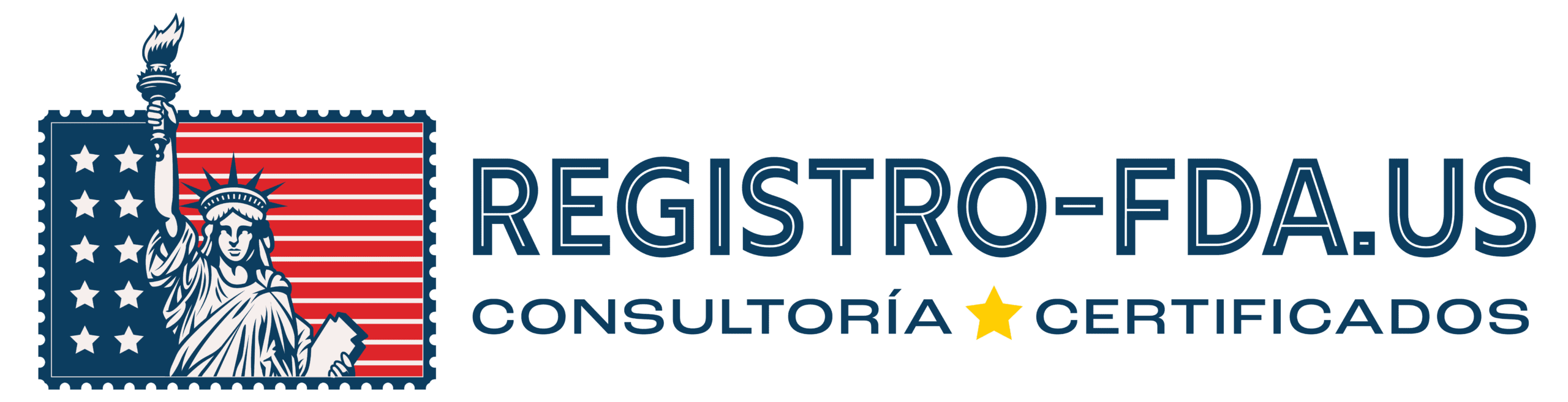 Logo horizontal de REGISTRO-FDA.US — estampilla USA + nombre para Registro FDA, U.S. Agent y cumplimiento MoCRA