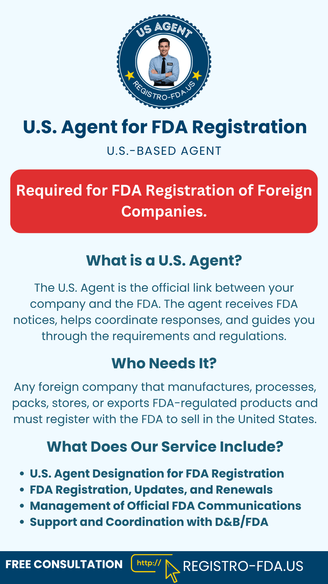 Infographic explaining U.S. Agent for FDA Registration for foreign companies.